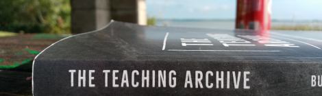 A photo of the book The Teaching Archive on a roughed up hive on a picnic table, with a can, a pillar of a picnic shelter, trees, a lake, and sky in the background.